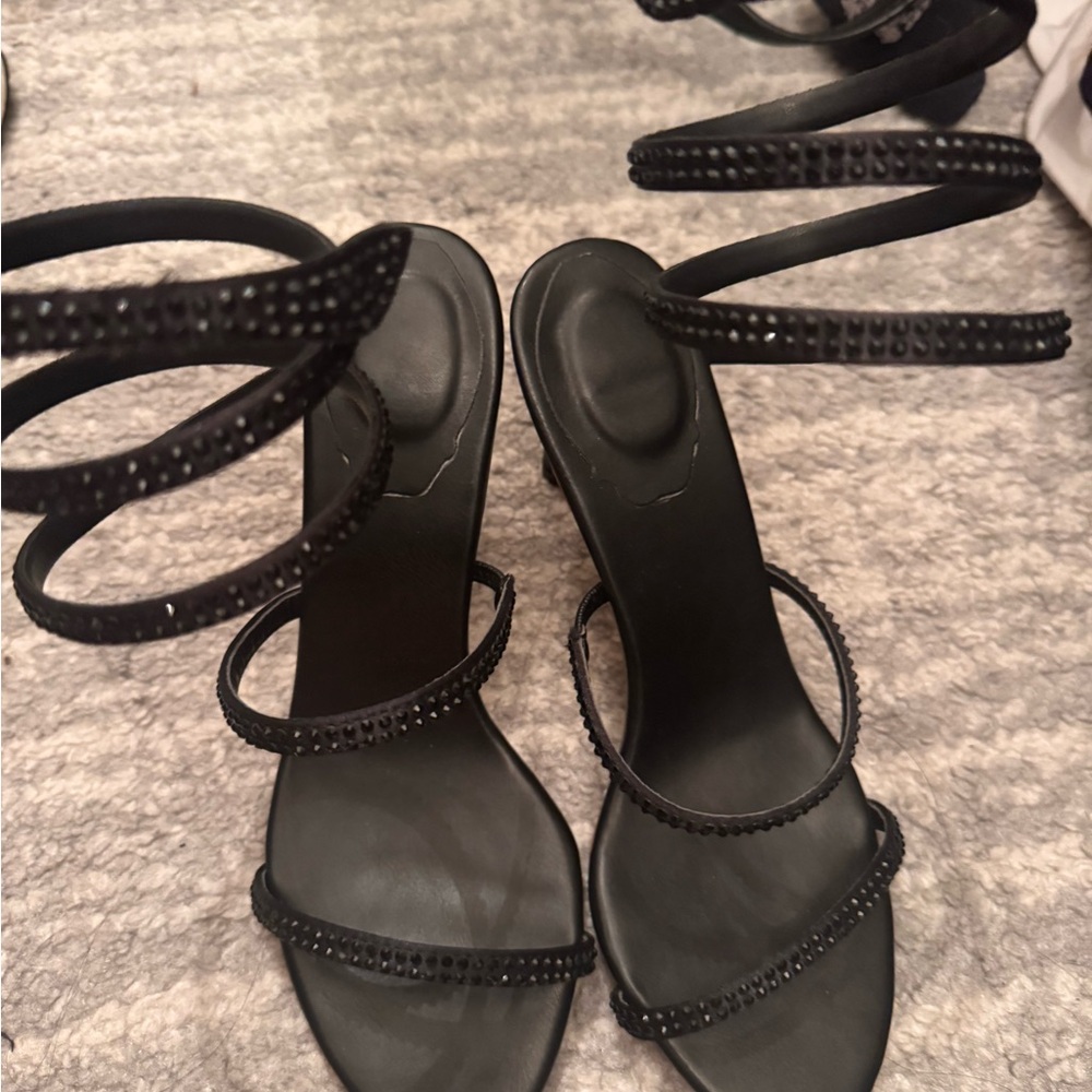 Black Strappy Rhinestone Wrap-Heel Sandals - Women. Never worn